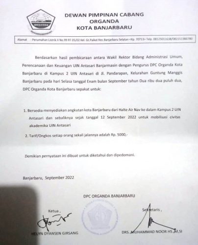 Surat trayek baru Organda Banjarbaru
