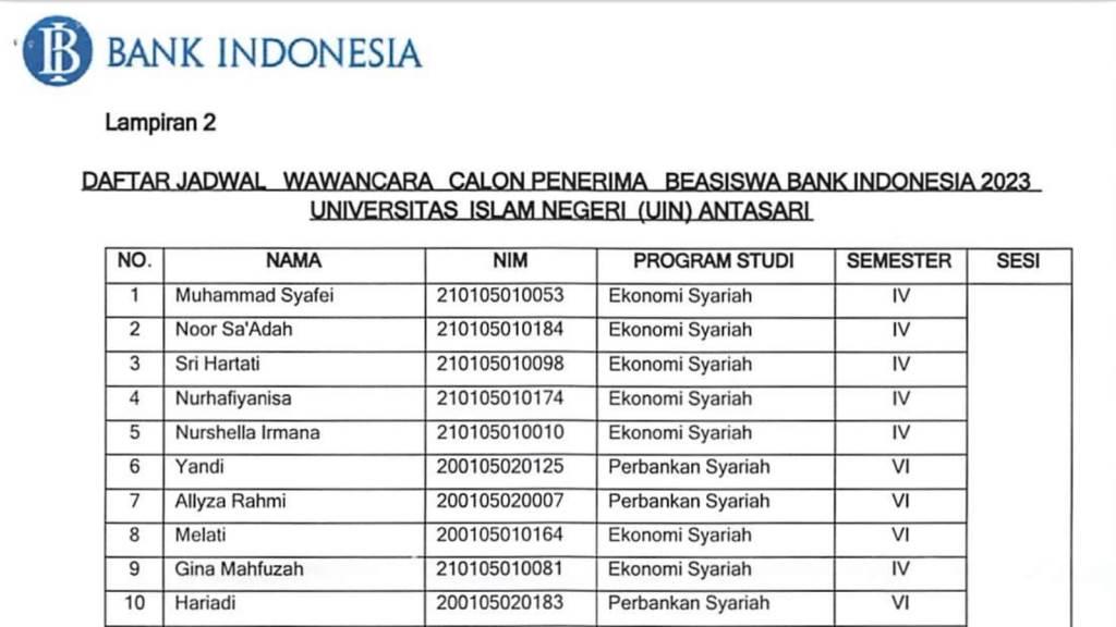 Tangkapan layar bagian lampiran surat undangan wawancara calon penerima beasiswa Bank Indonesia Tahun 2023 UIN Antasari