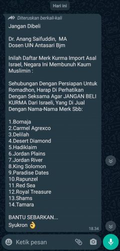 Tangkapan layar pesan berantai merek kurma-kurma Israel