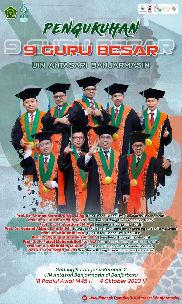 Poster promo aliran langsung pengukuhan 9 Guru Besar di Kanal YouTube @UINAntasariBanjarmasin (Desain:Humas/Yulida Rifani)