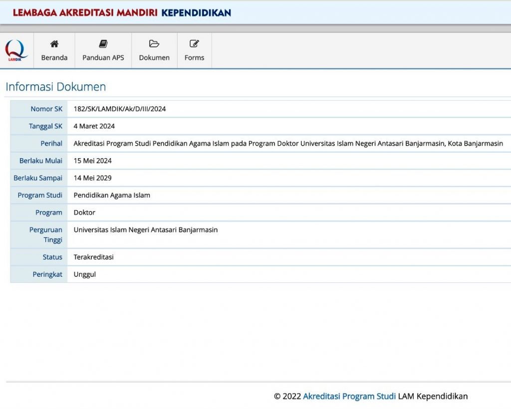 Status akreditasi Prodi S-3 PAI UIN Antasari di situs web Lamdik.