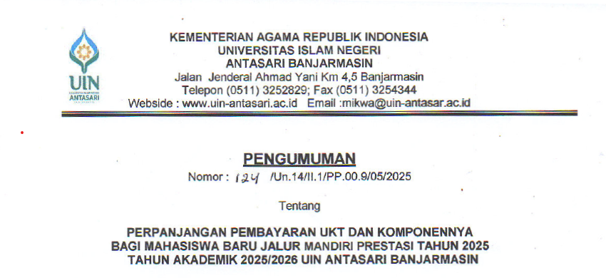 Pengumuman Perpanjangan Pembayaran UKT Jalur Mandiri Prestasi UIN Antasari Banjarmasin Tahun 2025