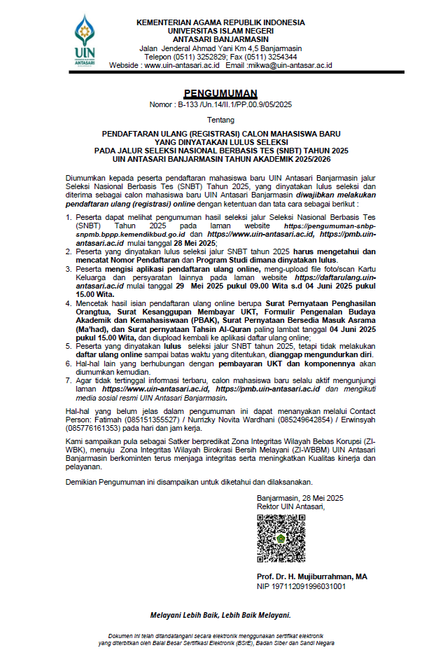 Pengumuman Daftar Ulang (Registrasi) Mahasiswa yang dinyatakan lulus jalur SNBT UIN Antasari Banjarmasin Tahun 2025
