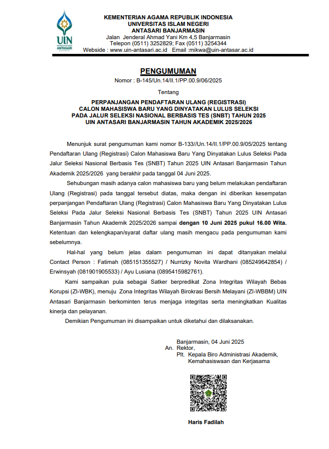 Pengumuman Perpanjangan Pendaftaran Ulang (Registrasi) SNBT 2025 UIN Antasari Banjarmasin