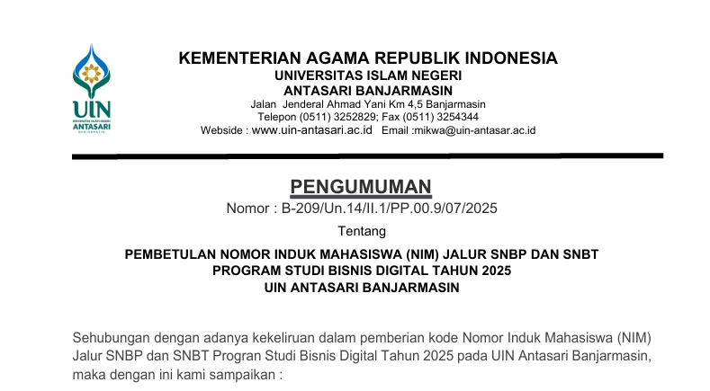 Pengumuman NIM Bisnis Digital