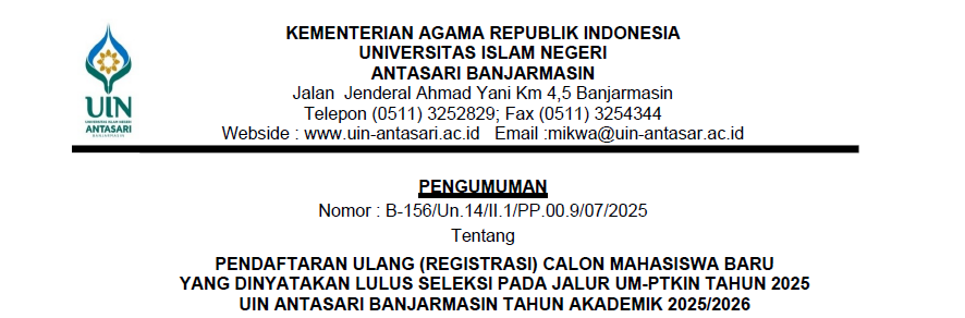 Pengumuman Pendaftaran Ulang Mahasiswa Baru Jalur UM-PTKIN Tahun 2025