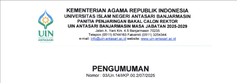 Pengumuman Waktu Penjaringan Balon Rektor UIN Antasari Banjarmasin 2025-2029