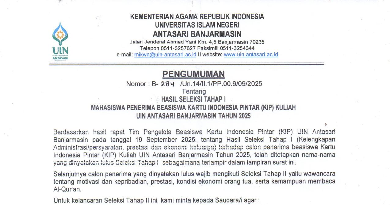 Pengumuman Hasil Seleksi Tahap I Mahasiswa Penerima Beasiswa Kartu Indonesia Pintar (KIP) Kuliah Tahun 2025