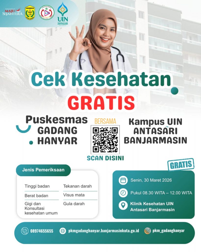 Poster pengumuman Cek Kesehatan Gratis oleh Puskesmas Gadang Hanyar.