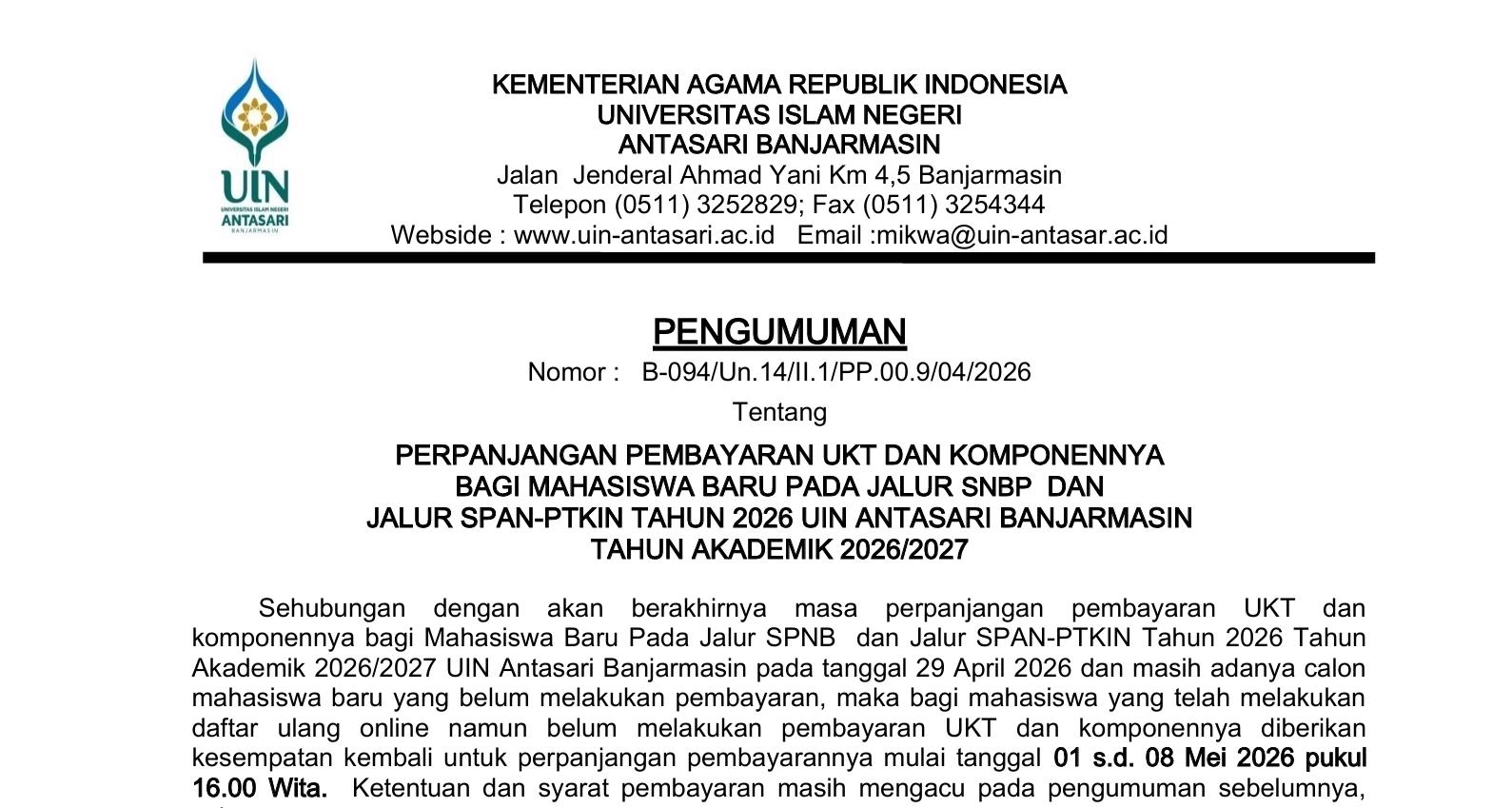 untuk thumbnail pengumuman perpanjangan ukt April 2026