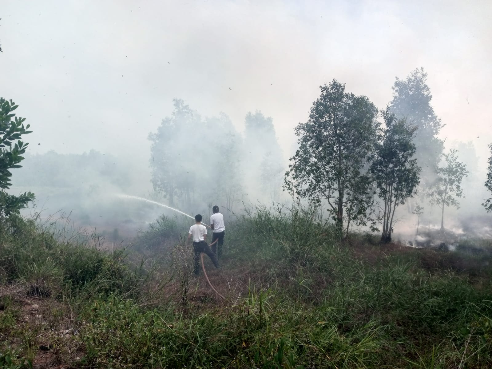 Proses pemadaman yang menyisakan asap (Foto:Dok Bagian Umum)