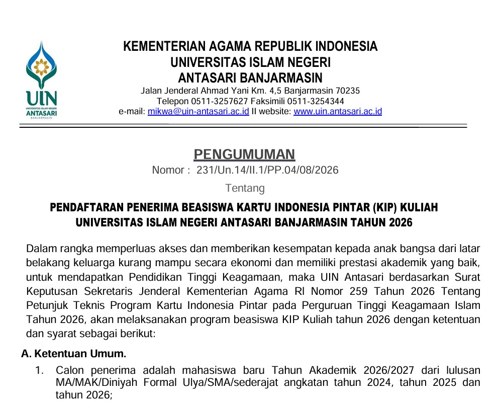 Untuk thumbnail pengumuman pendaftaran KIP-K 2026 UIN Antasari