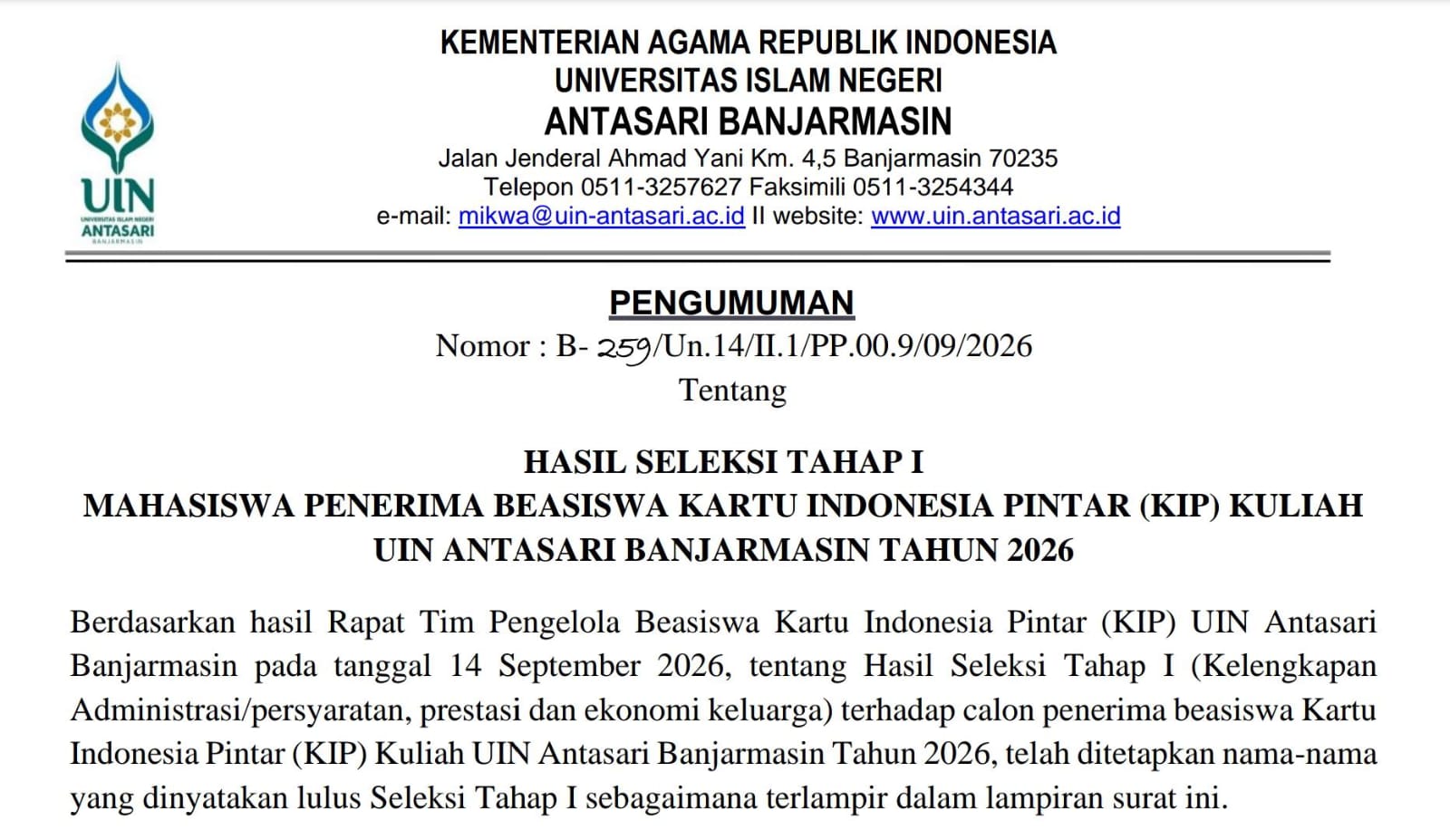 Pengumuman Hasil Seleksi Tahap I Penerima KIP Kuliah 2026